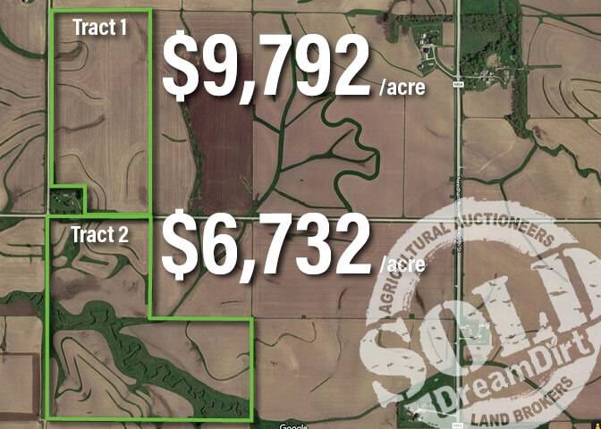 A graphic showing an aerial view of two land tracts shown at auction.