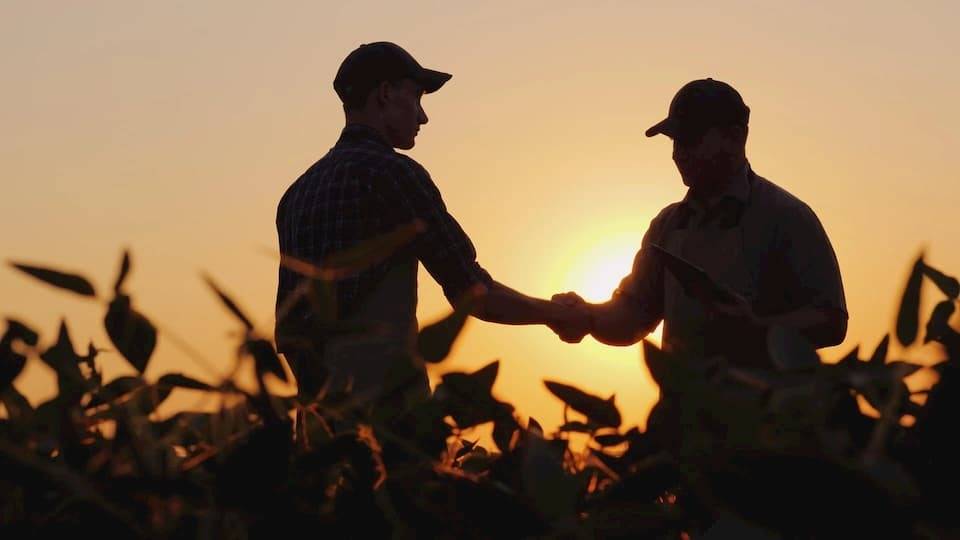 Two men shake hands as the sun sets behind them in a field.