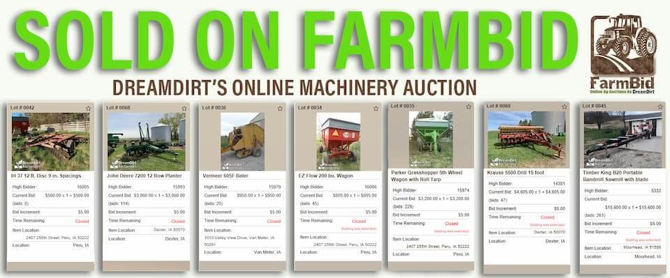 An advertisement highlighting equipment and machinery sold on the FarmBid platform.