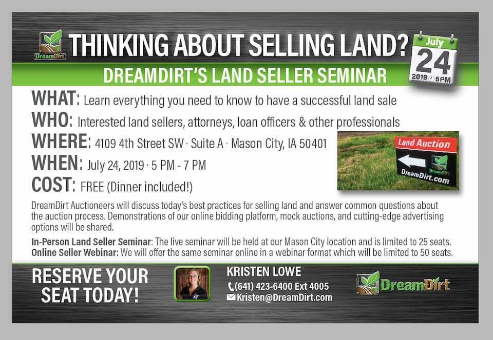 An advertisement for the DreamDirt land seller seminar.