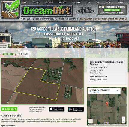 A screenshot of an online farmland auction web page for an auction in Cass County, Nebraska.