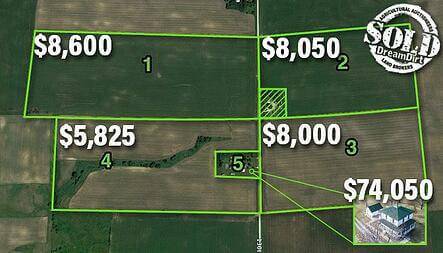 Plots of land with auction results showing how much each plot sold for at auction.