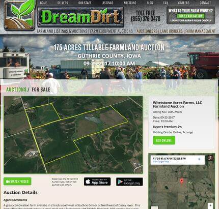 A screenshot of the online auction page for a farmland auction in Guthrie County, Iowa.