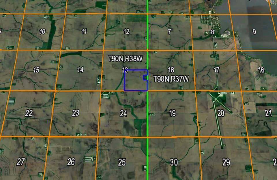 An aerial map showing farmland plots for sale.