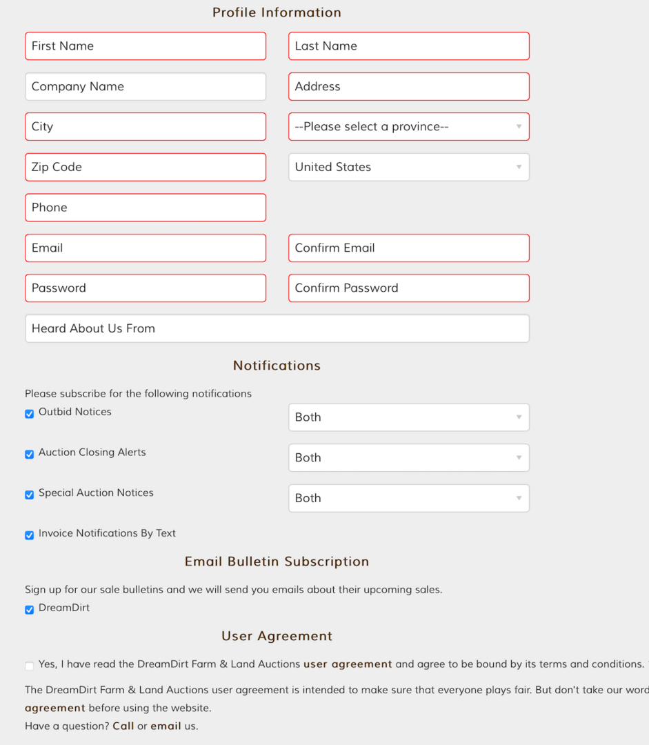 auction registration screen